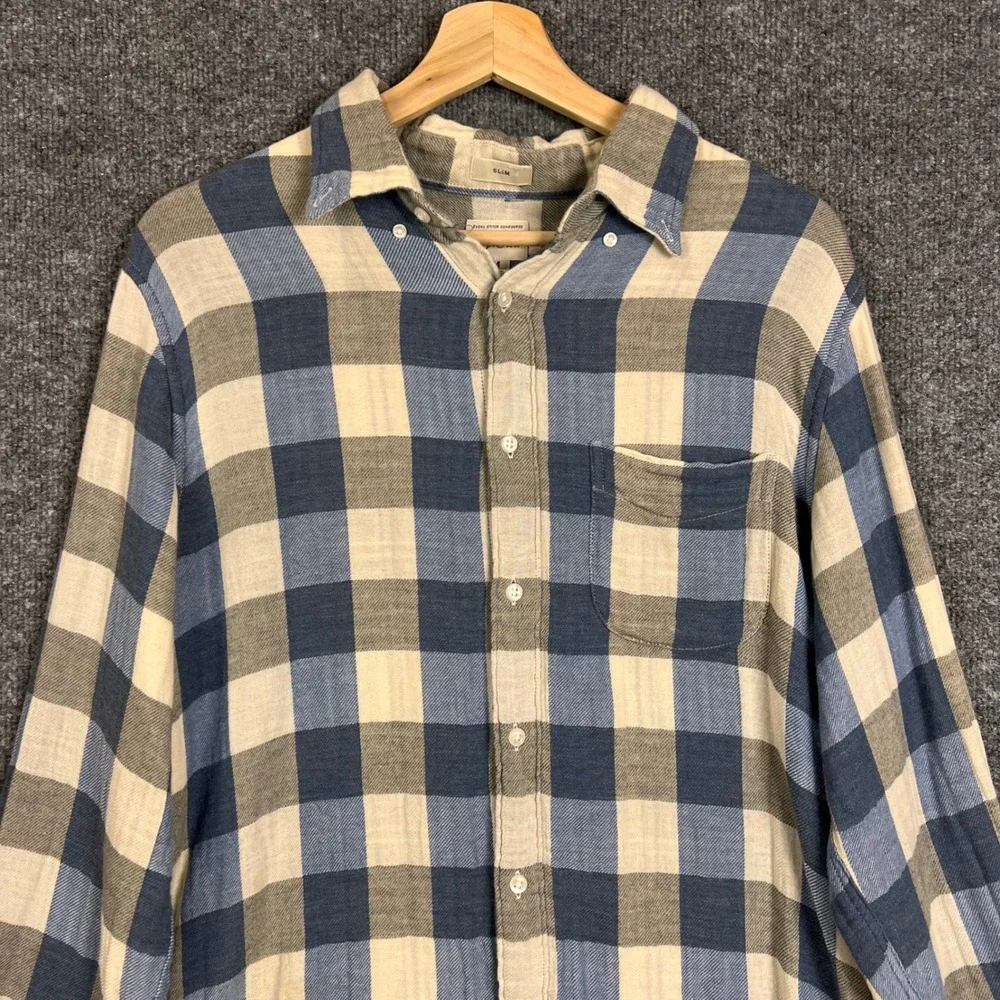 J. Crew Button Down Shirt Mens M Blue Excellent Slim Fit Plaid Flannel Cotton
